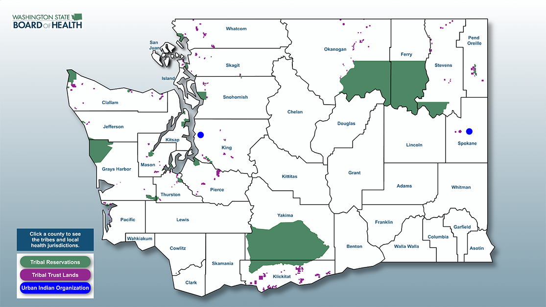 Mapa de reservas tribales y tierras fiduciarias por condado en el estado de Washington
