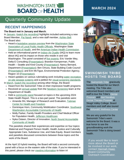 Front page of the State Board of Healths Quarterly Newsletter. Select the image to download and read the newsletter.