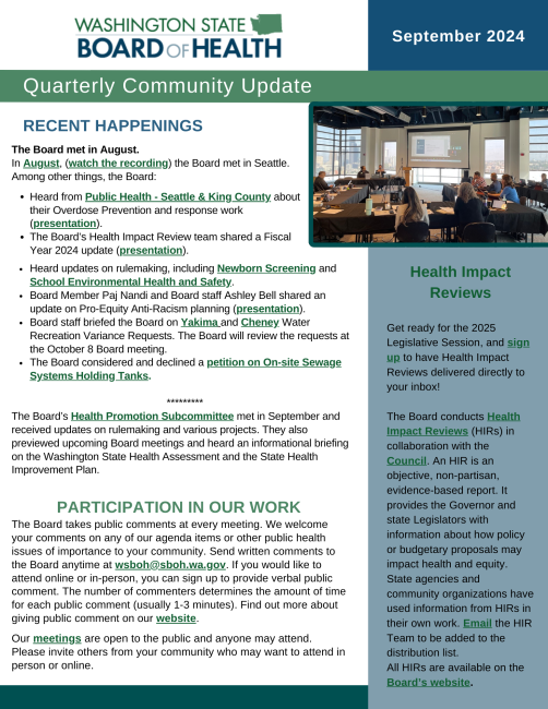 First page of the State Board of Health Community Engagement Newsletter for September 2024